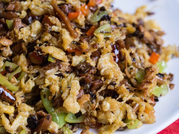 Chinese style scrambled eggs with pork and vegetables.
